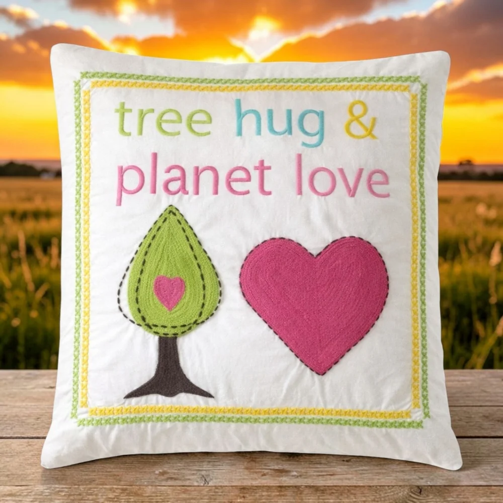 Pottery Barn Teen Tree Hug Planet Love Pillow Cover Organic Cotton Embroidered‎